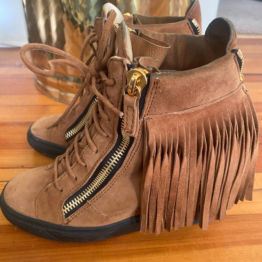 Giuseppe Zanotti Brown Suede Fringe Wedge Sneakers